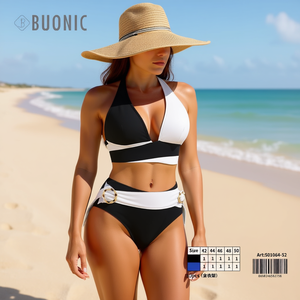 Set bikini da donna Buonic, costume da bagno a vita alta con contrasto bianco e nero, 2 pezzi S01064-52 - Product Image 1