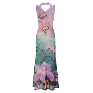 Vestido Maxi Elegante y Clásico para Mujer, con Estampado Floral Vintage, de Chifón, con Cuello en V, Tirantes Finos, Sin Mangas, para Verano - Product Image 6