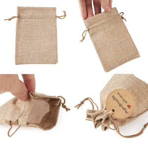 Wholesale Custom Logo Nature Color Jute Pouch Gift Jewelry Packing Storage Hessian Hemp <b>Drawstring</b> <b>Bag</b> with Card - Product Image 3