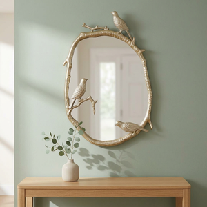 Miroir mural ovale en laiton avec motif d'oiseau et de branche, bordure décorative bohème pour salon et chambre à coucher - Product Image 2