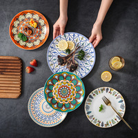 Assiette Bohème Créative en Céramique pour Dîner, Petit-Déjeuner, Salade, Dessert, Sushi, Plat d'Hôtel, Décoration Sous Glaçure, Compatible Lave-Vaisselle et Micro-ondes