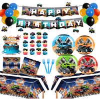 Ensemble de fournitures pour fête d'anniversaire Monster Truck : Assiettes, gobelets, serviettes, nappes, bannière, ballons, décorations de gâteau, fourchettes, vaisselle jetable