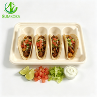 SUMKOKA 245mm Plateau de service à tacos à 3 compartiments en bagasse de canne à sucre certifiée OK Compost, en fibre végétale moulée, pour l'emballage