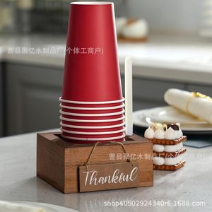 Wooden Paper Cup Holder With <b>Straw</b> Slot And Sign Board For Kitchen Desktop Use - Product Image 2