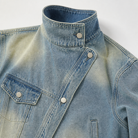 Nouvelle Arrivée Veste Shacket Décontractée Ample à Manches Bouffantes Tricotées et Boutonnées, en Denim Patchwork Effet Vieilli et Blocs de Couleurs Personnalisés