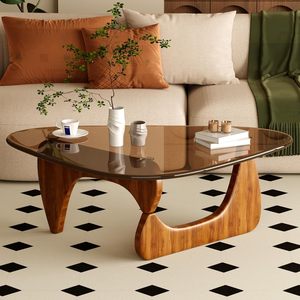 <span class=keywords><strong>Table</strong></span> basse pour salon, style moderne du milieu du siècle, avec plateau en verre et structure en bois, 36 pouces, marron/noyer, marque JUNHENG - Product Image 1
