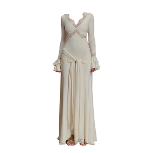 Robe longue maxi pour <span class=keywords><strong>femme</strong></span> en dentelle, col en V profond, ajourée, sexy, décontractée, respirante, unie, ample, à manches longues évasées et dos nu, pour soirée - Product Image 1