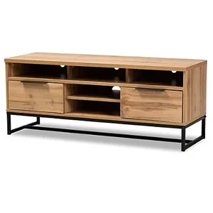 Soporte de madera de roble para consola de TV, mueble móvil con patas de Metal negro