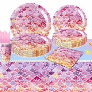 Juego de Vajilla Desechable con Diseño de Escamas de Pez Rosa, 40-60 Piezas, Platos, Vasos, Servilletas, Decoraciones de Cumpleaños - Product Image 2