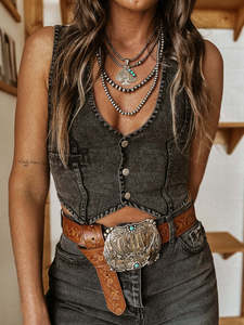 Chaleco vaquero vintage para mujer, estilo vaquero del oeste, sin mangas, con solapa, bolsillos en el pecho, prenda exterior larga, venta al por mayor 2026 - Product Image 4