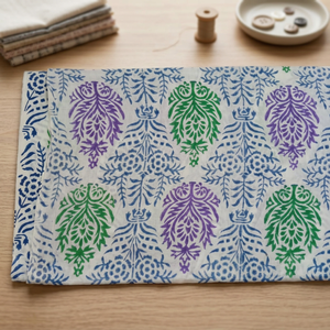 Block Printed Cotton <b>Fabric</b> With Purple Green Blue Foliage Pattern <b>Fabric</b> Woven <b>Medium</b> Weight Home Textile Cotton <b>Fabric</b> Sale - Product Image 3