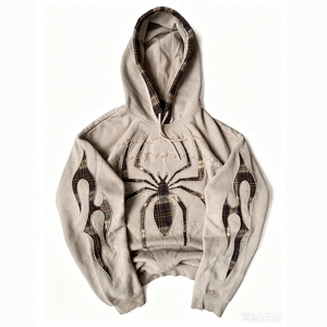 Felpa con <span class=keywords><strong>Cappuccio</strong></span> Streetwear <span class=keywords><strong>di</strong></span> Alta Qualità, Personalizzata, Vintage, con Patch a Quadri e Ricamo a Ragno, Oversize per Uomo, Marca Street OEM - Product Image 1