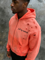 Sweat à capuche zippé unisexe en coton épais surdimensionné pour homme, style streetwear, broderie, effet vieilli, coupe carrée, délavé à l'acide
