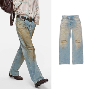 Vaqueros anchos de mezclilla desgastados estilo vintage para hombre, pantalones de mezclilla rasgados de pierna ancha para hombre, vaqueros de mezclilla desgastados para hombre - Product Image 2