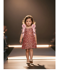 Younger Girls' Rose Gold Sequin party Dress with Organza Ruffled Sleeves - Product Image 1