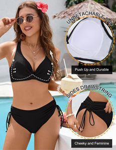 Set di bikini con coulisse da donna Push up due pezzi costume da bagno che attraversa la tazza fissa costume da bagno nero costumi da bagno costumi da bagno personalizzati - Product Image 2