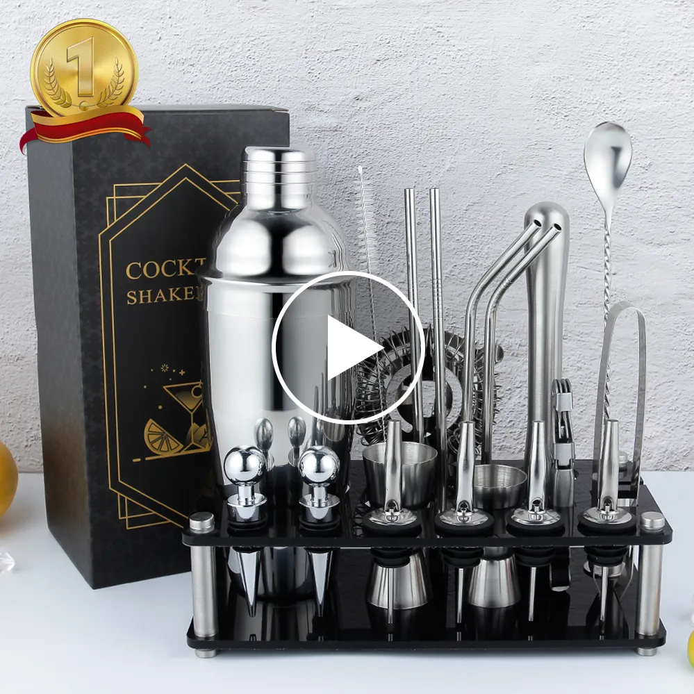 Set di Shaker per Cocktail da 20 pezzi di vendita caldo Kit da barista in acciaio inossidabile con strumenti da Bar con supporto in acrilico