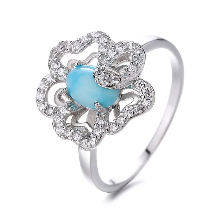 Yaeno Jewelry Real Silver 925 Larimar Finger Band Rings Luxury Flower Thin Ring for Female