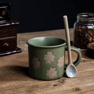 Large Capacity Fall Retro Modern <b>Green</b> Porcelain Four Leaf Clover Mug Sesame Glaze Dishwasher & <b>Microwave</b> Safe - Product Image 1
