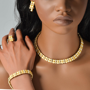 Ensemble de bijoux de mariée exquis plaqué or 14 carats avec zircon, collier, bracelet, boucles d'oreilles et bague pour mariage, fiançailles et fête - Product Image 2