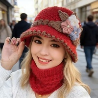 Sombrero de Pescador de Lujo Elegante Tejido a Mano para Mujer, Gorro Vintage de Invierno Cálido con Flores, Sombrero Cloche Suave de Ganchillo, Gorra de Moda Tipo Bote