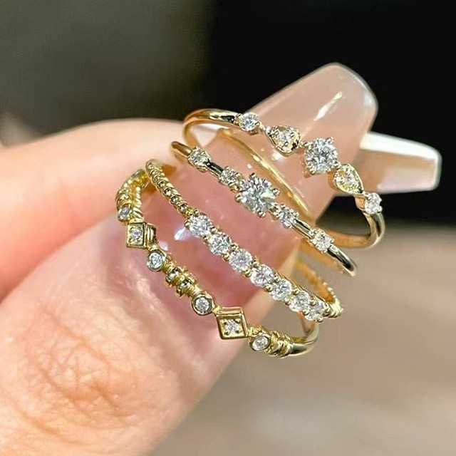 Fashion Stainless Steel Jewelry 18K Gold Plated Micro-setting Crystal Thin Band Zircon Ring
