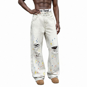 Nouveau <span class=keywords><strong>pantalon</strong></span> en jean tendance de marque, coupe droite ample, <span class=keywords><strong>blanc</strong></span> délavé, de haute qualité, avec trous et motif graffiti - Product Image 4