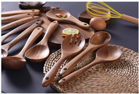 Ensemble de spatule à frire, louche et entonnoir en bois de teck massif écologique, ustensiles de cuisine antiadhésifs complets