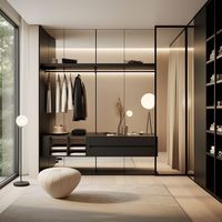 Armoire de chambre moderne autoportante avec portes vitrées, éclairage réglable et miroir pleine longueur – Conception gratuite