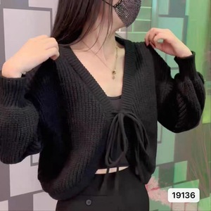 Cárdigan de punto para mujer, talla única, color liso, suelto, con lazo frontal, estilo irregular, estilo fresco y dulce - Product Image 3