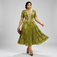 Robe Midi Plissée de Soirée Élégante à Taille Empire, Imprimé Anneaux Concentriques Dorés, Haute Élasticité, Courte, Collection Source Factory