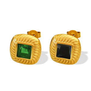 Winter French Retro Square Stud <b>Earrings</b> 18k Plated Black <b>Green</b> Glass Stones Geometric Design For Women - Product Image 5