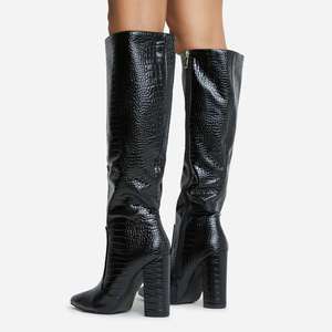 Bottes longues à <span class=keywords><strong>talon</strong></span> bloc et bout pointu en similicuir <span class=keywords><strong>croco</strong></span> <span class=keywords><strong>noir</strong></span> pour femmes et jeunes femmes - Product Image 3