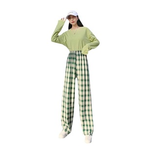 Pantalon droit d'été à carreaux minces pour femmes rose petit pantalon de pyjama ample <span class=keywords><strong>taille</strong></span> haute pantalon ample en treillis - Product Image 5