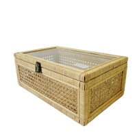 Panier de rangement en osier naturel personnalisé panier à linge jonc de mer plateau en rotin tissé couvercle en verre transparent boîte panier en rotin naturel