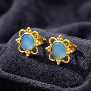 Natural Blue Topaz Gold Plated Handmade Sterling <b>Silver</b> <b>Stud</b> Earrings for Women-Classic Wedding Gift Jewelry - Product Image 3