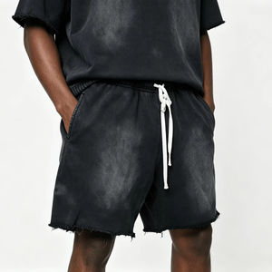 Pantalones Cortos de Verano para Hombre, Estilo Urbano, de Felpa Francesa, Cintura Elástica, Estampado Vintage con Efecto Desgastado por el Sol, Lavado Ácido - Product Image 1