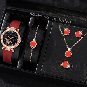 Ensemble de montres élégantes pour femmes, ensemble de bijoux à fleurs rouges, montre-bracelet à quartz pour femmes, collier, boucles d'oreilles, bague, ensemble cadeau - Product Image 2