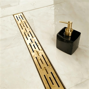 Caniveau de douche linéaire en or brossé avec couvercle en briques noires, drain de sol rectangulaire moderne en acier inoxydable 304, certifié CE pour salle de bain - Product Image 1