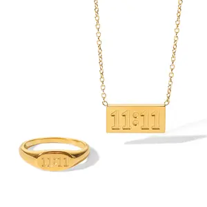 Collar rectangular resistente al agua, 18K, chapado en oro, 11:11, de acero inoxidable, doble 1111, anillo con número
