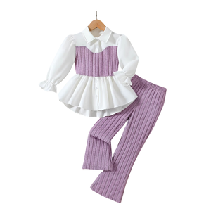 Camicetta in pizzo da donna in maglia da ragazza con <span class=keywords><strong>pantaloni</strong></span> a righe morbide, abito viola, elegante con maniche a balze, <span class=keywords><strong>pantaloni</strong></span> a zampa per bambini - Product Image 1