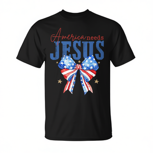 Camiseta retro con la bandera de Estados Unidos, con diseño de la bandera de Estados Unidos y la frase "America Needs Jesus Christian Usa Flag 4th Of July Bow" - Product Image 2