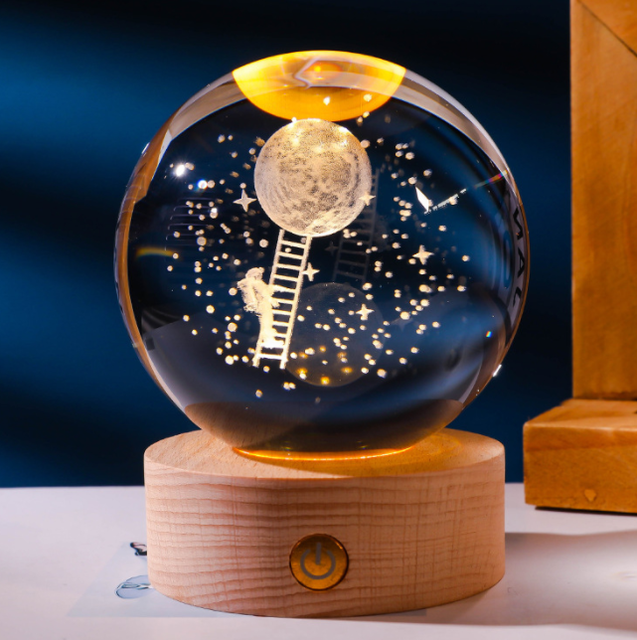 Newish Hot 3D Crystal Creative Transparent Lumino Atmosphere Light Inside Carving Wood Starry Sky Crystal Ball Night Light