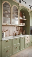 Vermonhouzz Armoires de cuisine modernes sur mesure en deux tons vert matcha et blanc sans poignées en forme de L avec armoire murale en verre cintrée