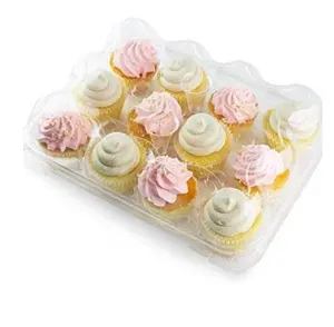 Pacote com 12 caixas de plástico transparente para cupcake, suporte com 12 compartimentos e tampa removível, porta-muffins para doze recipientes para cupcake