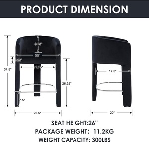 Tabourets de bar modernes de hauteur comptoir 26\" H, <span class=keywords><strong>design</strong></span> baril, tabourets de bar rembourrés pour comptoir de <span class=keywords><strong>cuisine</strong></span>, dossier en velours noir, accoudoirs - Product Image 2