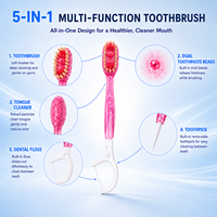 Mini brosse à dents jetable 5 en 1 |   Brosses à dents Miswak |   Distributeur de dentifrice intégré, brossette à dents, gratte-langue |   Kit de soins bucco-dentaires de voyage