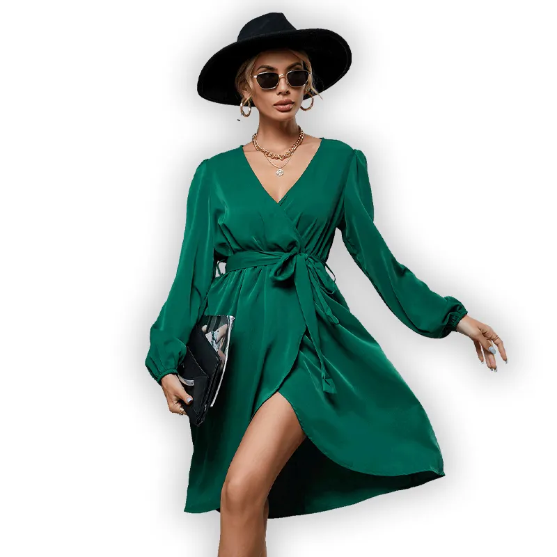 Casual dress women dresses Green cardigan belt design Long sleeve V-neck cheap urban casual women clothing