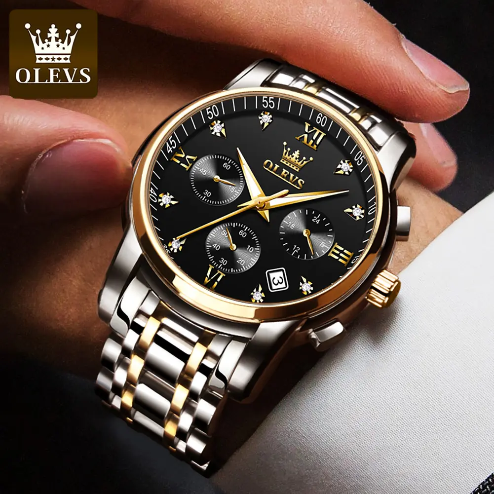 Men Watch OLEVS 2858 Business Multi Time Zone Wristwatch Waterproof Feature Analog Date Watch Stainless Steel Quartz Watch