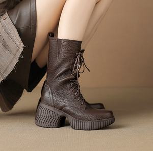 Botas de cuero con diseño de elefante en la capa superior, con cordones, cremallera lateral, tacón alto, elegantes y versátiles. - Product Image 4